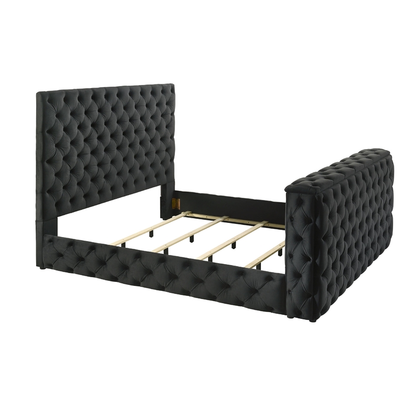 Meri King Bed with Lift TV Stand- Tufted Black Velvet Upholstery
