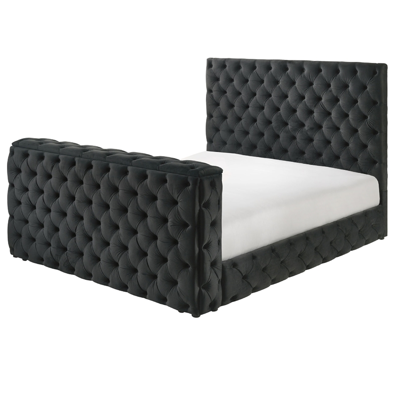 Meri King Bed with Lift TV Stand- Tufted Black Velvet Upholstery
