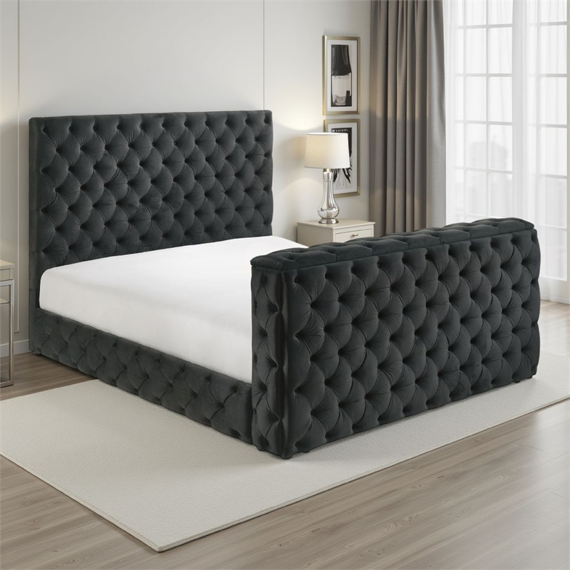 Meri King Bed with Lift TV Stand- Tufted Black Velvet Upholstery