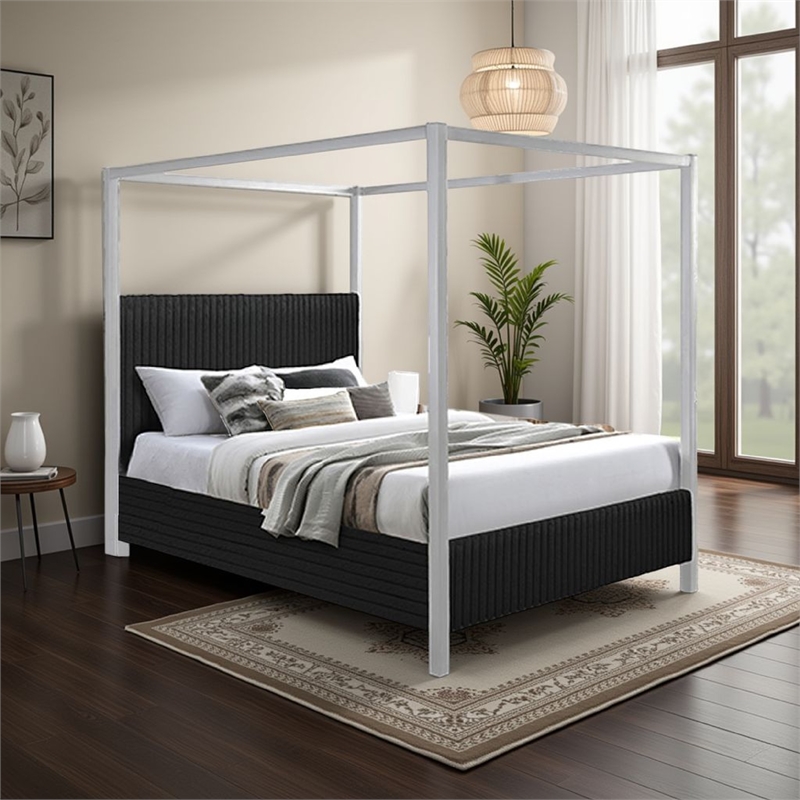Keri King Size Canopy Bed- White Slatted Wood Frame- Black Upholstery