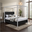 Keri King Size Canopy Bed- White Slatted Wood Frame- Black Upholstery
