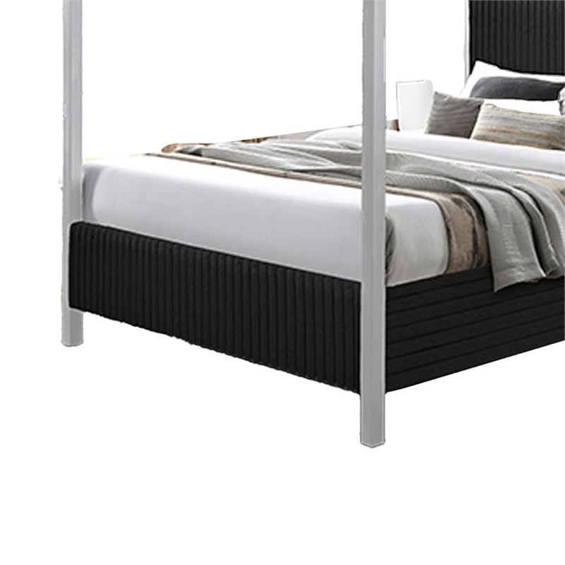 Keri King Size Canopy Bed- White Slatted Wood Frame- Black Upholstery