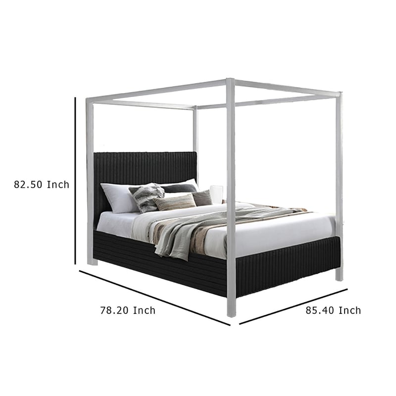 Keri King Size Canopy Bed- White Slatted Wood Frame- Black Upholstery