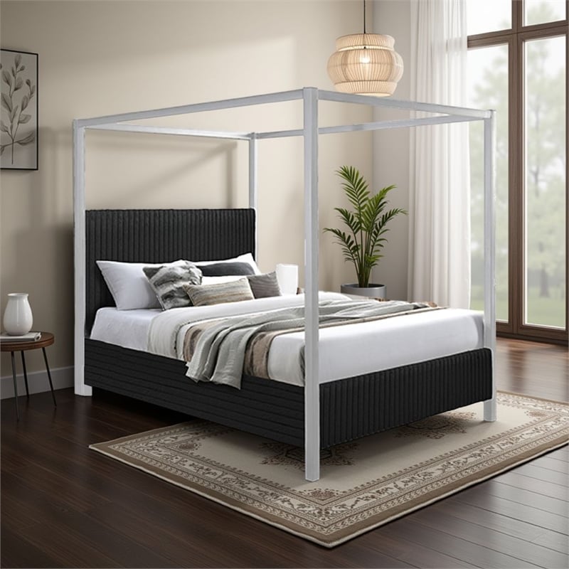 Keri King Size Canopy Bed- White Slatted Wood Frame- Black Upholstery