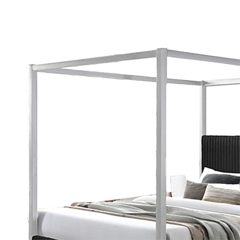 Keri King Size Canopy Bed- White Slatted Wood Frame- Black Upholstery