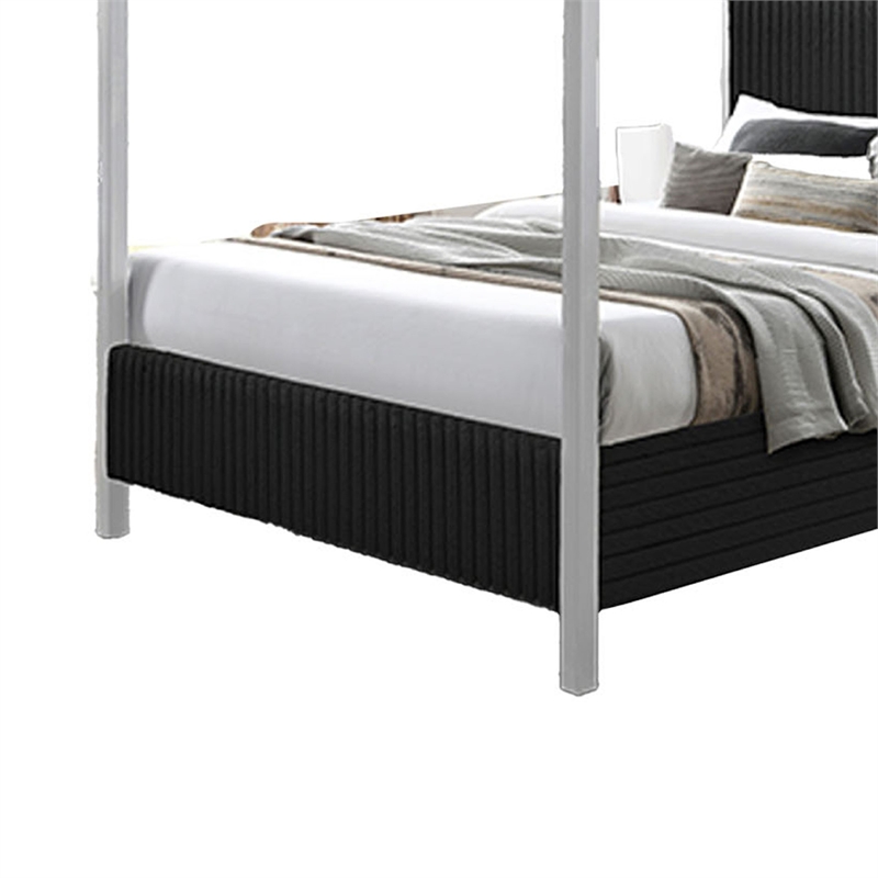 Keri King Size Canopy Bed- White Slatted Wood Frame- Black Upholstery