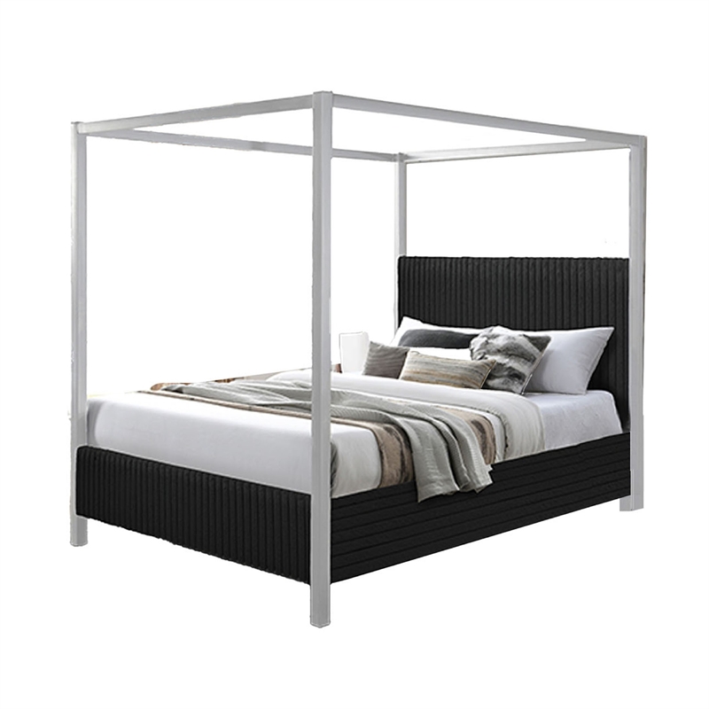 Keri Queen Canopy Bed- White Slatted Wood Frame- Black Upholstery