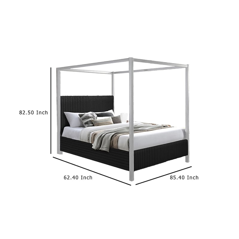 Keri Queen Canopy Bed- White Slatted Wood Frame- Black Upholstery