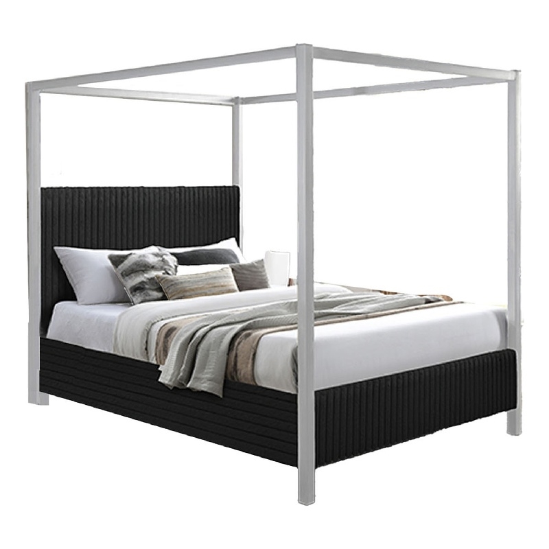 Keri Queen Canopy Bed- White Slatted Wood Frame- Black Upholstery