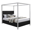 Keri Queen Canopy Bed- White Slatted Wood Frame- Black Upholstery