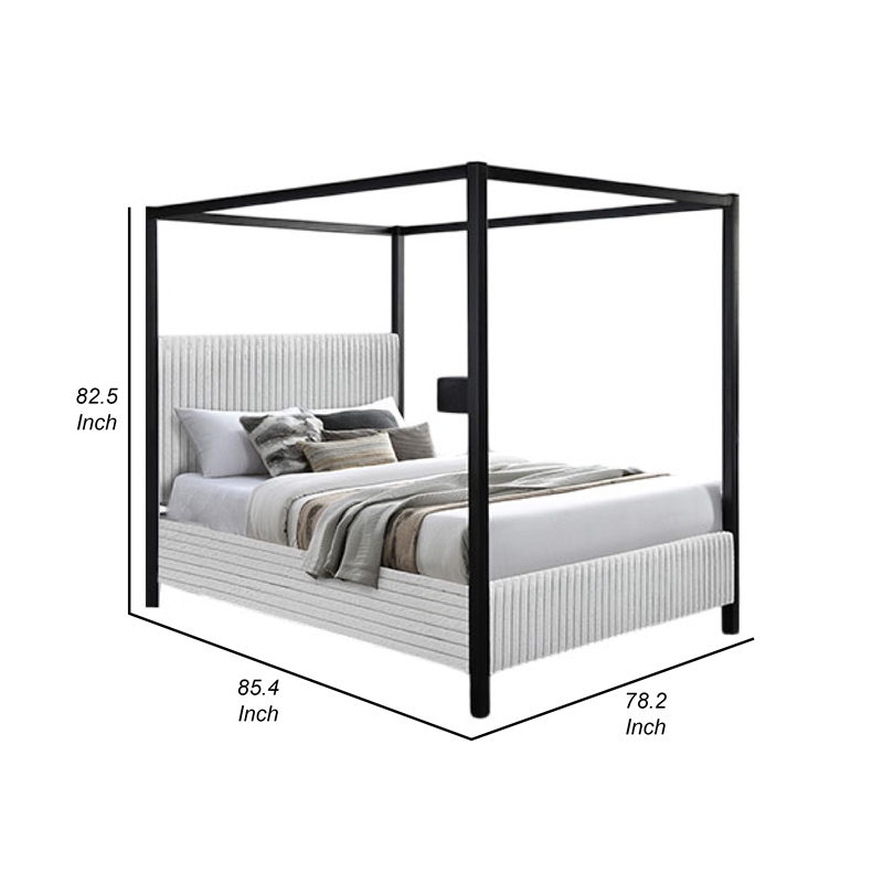 Keri King Size Canopy Bed- Black Slatted Wood Frame- White Upholstery