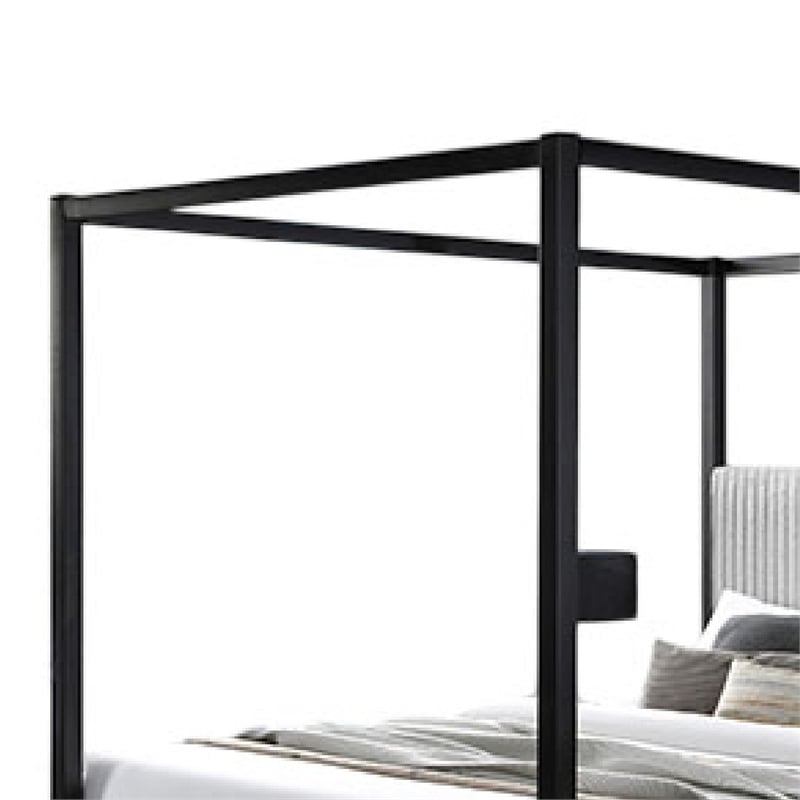 Keri King Size Canopy Bed- Black Slatted Wood Frame- White Upholstery