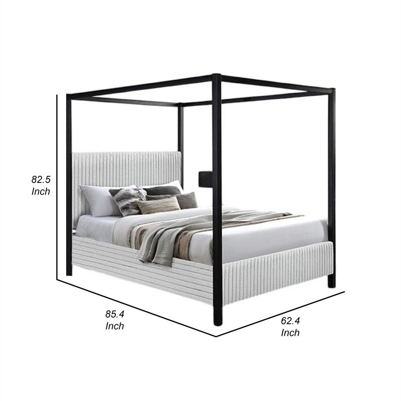 Keri Queen Canopy Bed- Black Slatted Wood Frame- White Upholstery