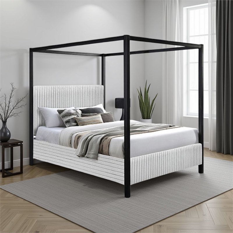 Keri Queen Canopy Bed- Black Slatted Wood Frame- White Upholstery