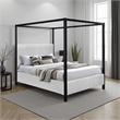 Keri Queen Canopy Bed- Black Slatted Wood Frame- White Upholstery