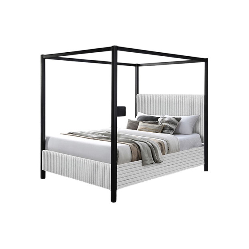 Keri Queen Canopy Bed- Black Slatted Wood Frame- White Upholstery