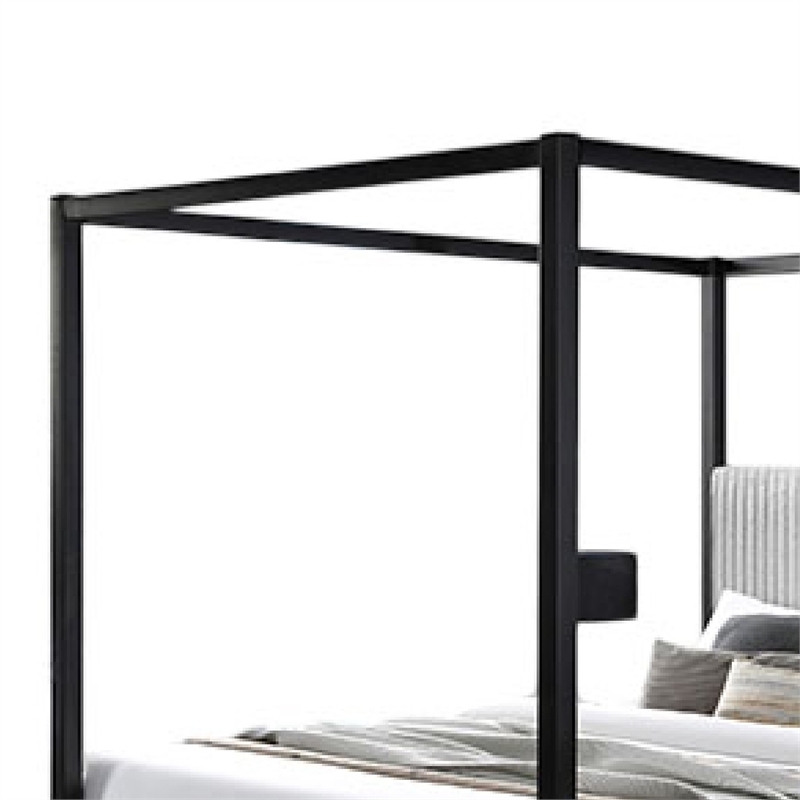 Keri Queen Canopy Bed- Black Slatted Wood Frame- White Upholstery