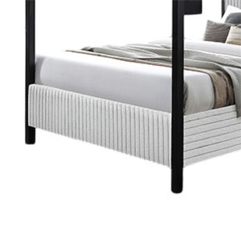 Keri Queen Canopy Bed- Black Slatted Wood Frame- White Upholstery