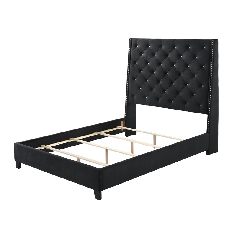 Toer King Bed- 67 Inch Tall Wingback Headboard Black Velvet Upholstery