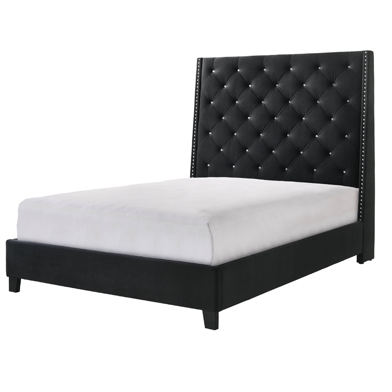 Toer King Bed- 67 Inch Tall Wingback Headboard Black Velvet Upholstery