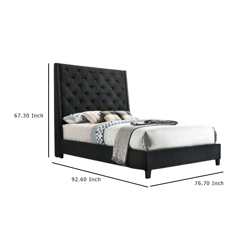 Toer King Bed- 67 Inch Tall Wingback Headboard Black Velvet Upholstery