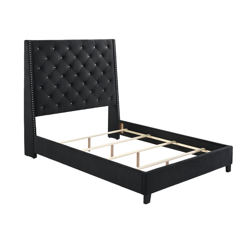 Toer Queen Size Bed- Tall Wingback Headboard- Black Velvet Upholstery