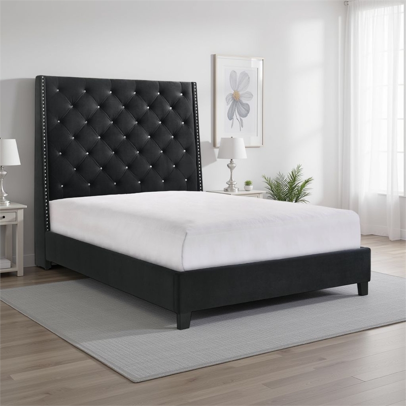 Toer Queen Size Bed- Tall Wingback Headboard- Black Velvet Upholstery