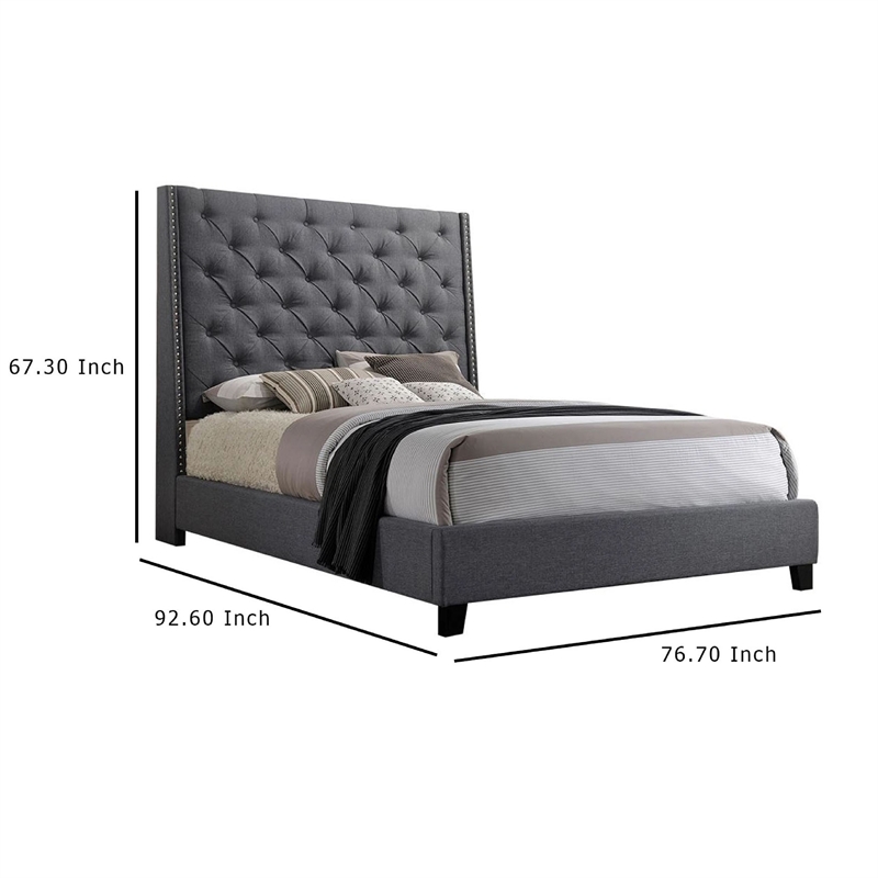 Toer King Size Bed- Tall Wingback Headboard- Modern Gray Upholstery