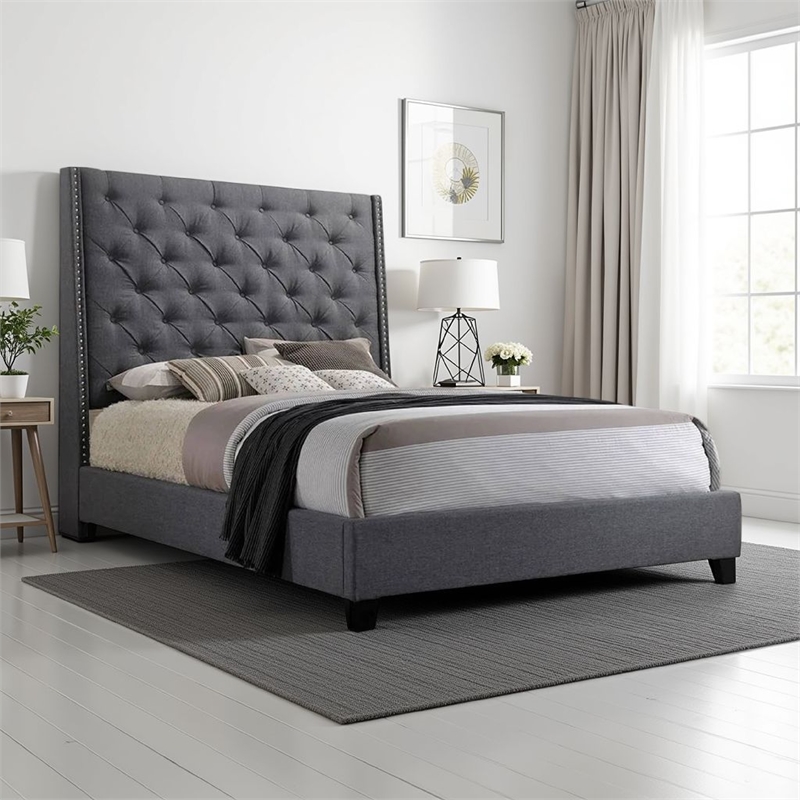 Toer King Size Bed- Tall Wingback Headboard- Modern Gray Upholstery