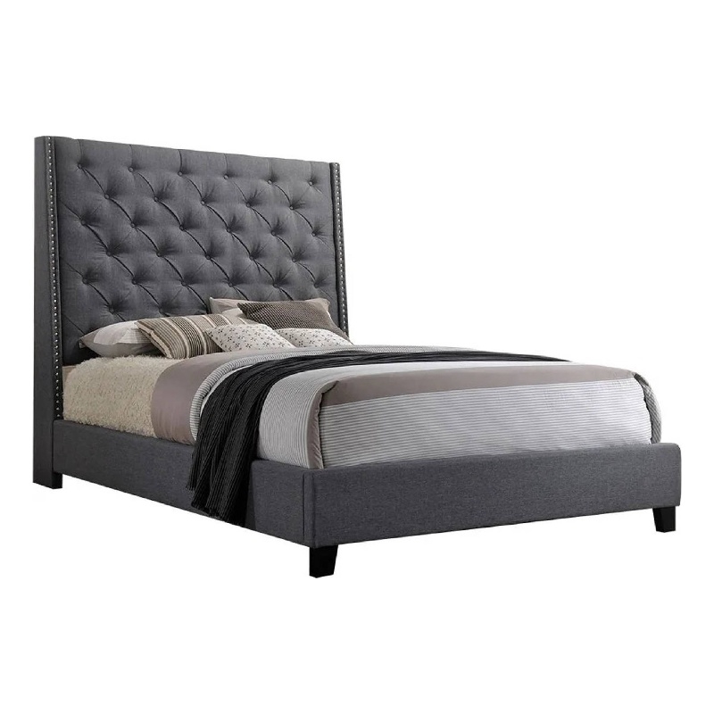 Toer King Size Bed- Tall Wingback Headboard- Modern Gray Upholstery