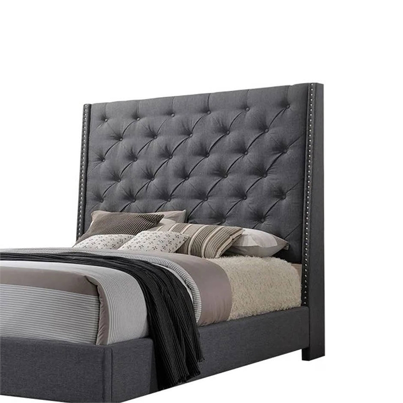 Toer Queen Size Bed- Tall Wingback Headboard- Modern Gray Upholstery