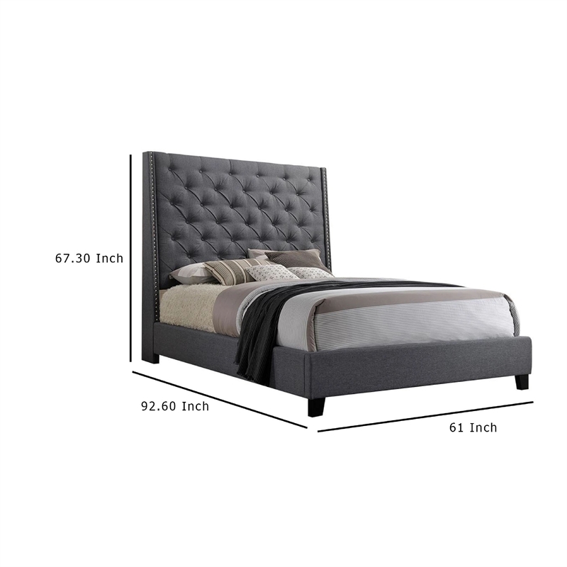 Toer Queen Size Bed- Tall Wingback Headboard- Modern Gray Upholstery