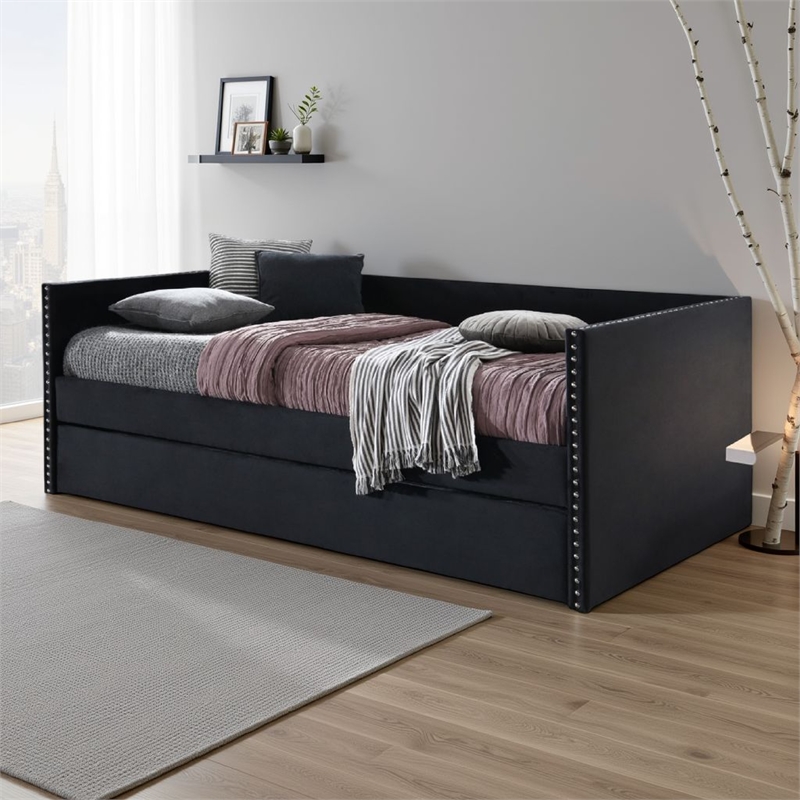 Sery Daybed w Trundle- Black Velvet Upholstery and Nailhead Trim