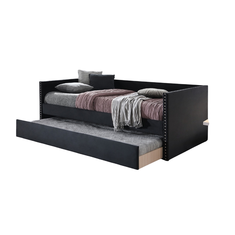 Sery Daybed w Trundle- Black Velvet Upholstery and Nailhead Trim
