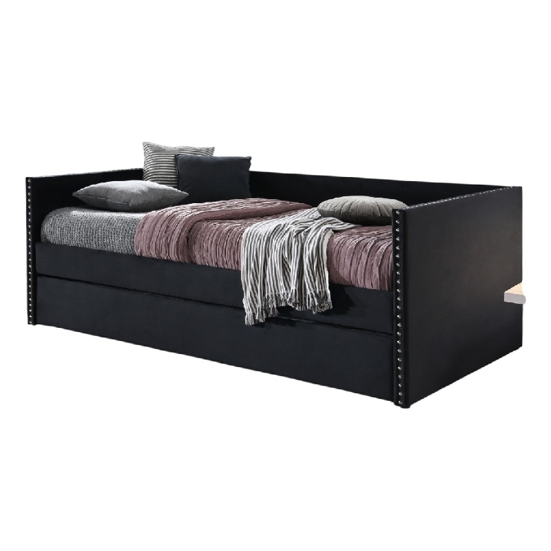 Sery Daybed w Trundle- Black Velvet Upholstery and Nailhead Trim