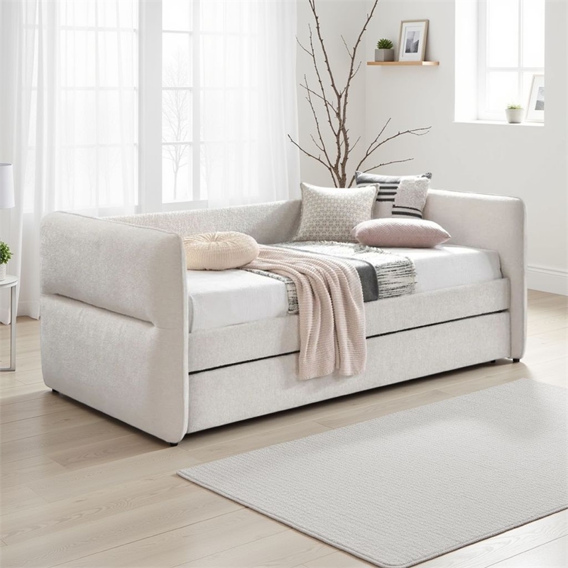 Wemy Daybed w Pull Out Trundle- Modern Ivory Chenille Upholstery