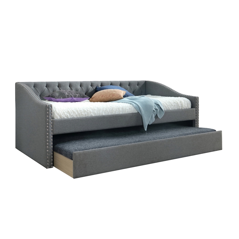 Rely Daybed with Pull Out Trundle- Modern Gray Tufted Upholstery