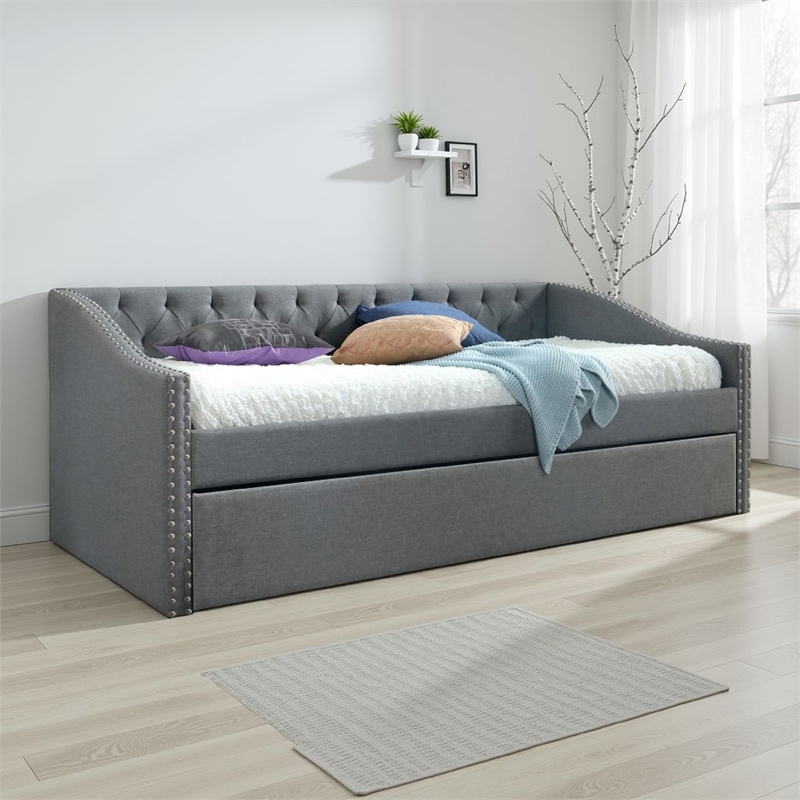 Rely Daybed with Pull Out Trundle- Modern Gray Tufted Upholstery
