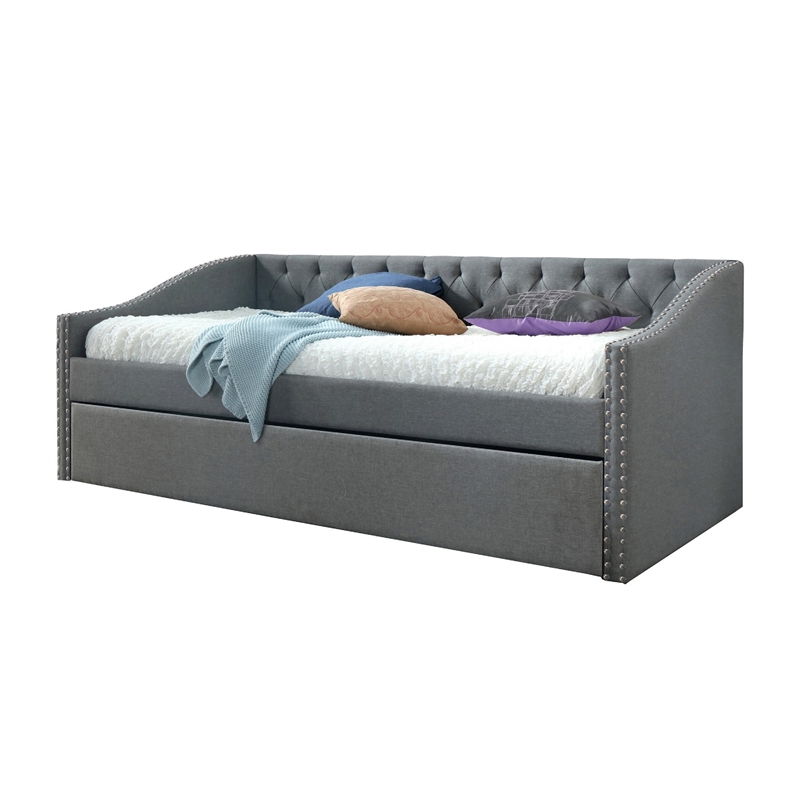 Rely Daybed with Pull Out Trundle- Modern Gray Tufted Upholstery