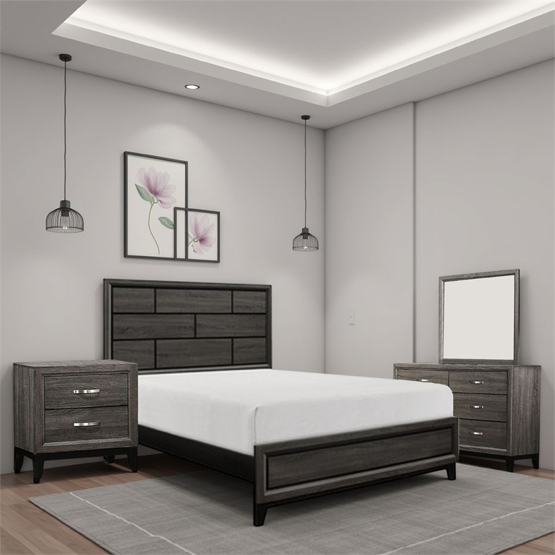 Ameya Four Pc Queen Bedroom Set- Metal Base- Wood with Printed Grains