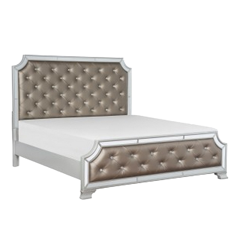 Badra Four Pc Queen Bedroom Set- Crystal Tufted Faux Leather- Mirror Trim