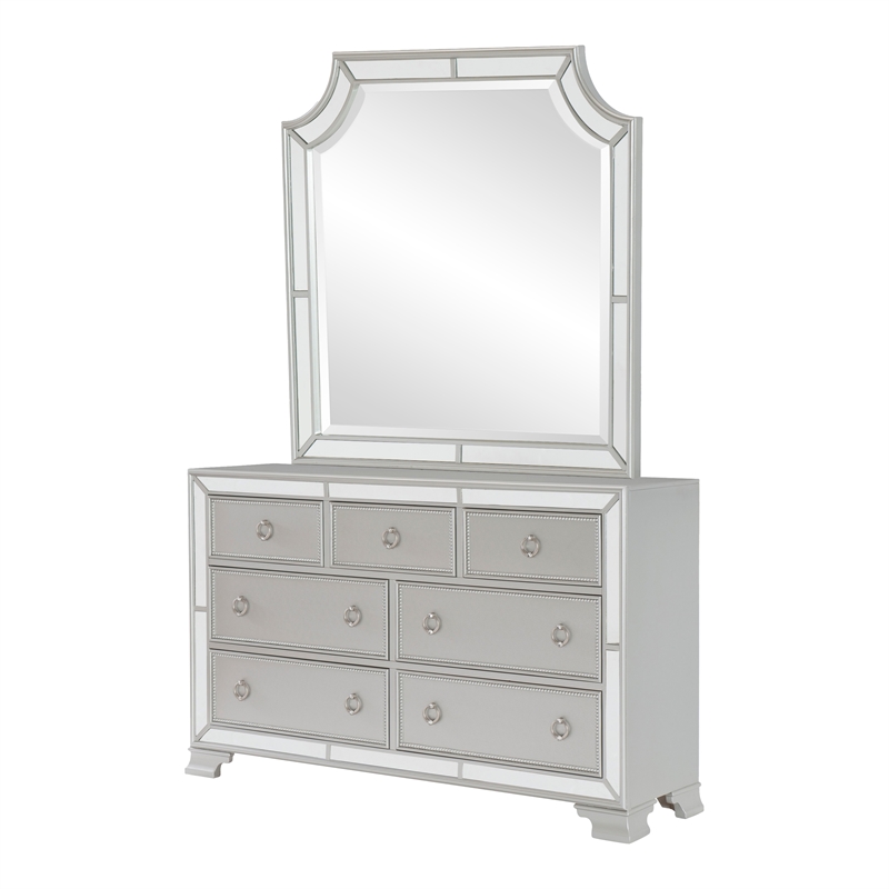 Badra Four Pc Queen Bedroom Set- Crystal Tufted Faux Leather- Mirror Trim