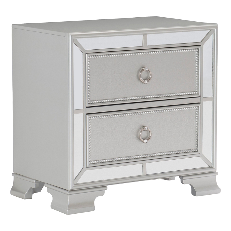 Badra Four Pc Queen Bedroom Set- Crystal Tufted Faux Leather- Mirror Trim