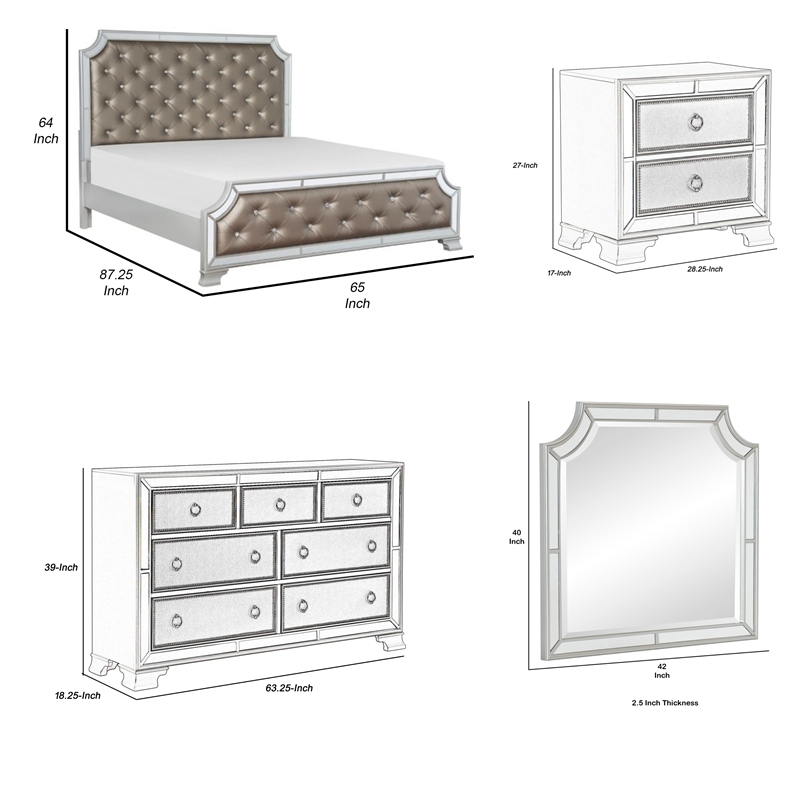Badra Four Pc Queen Bedroom Set- Crystal Tufted Faux Leather- Mirror Trim
