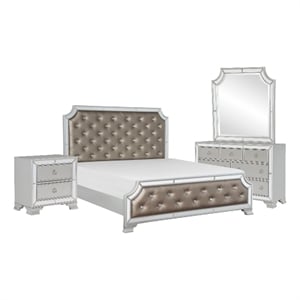 Badra Four Pc Queen Bedroom Set- Crystal Tufted Faux Leather- Mirror Trim