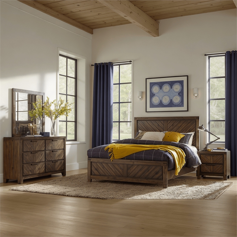 Bitsy Four Pc Queen Bedroom Set- V-Matched Planks- Distressed Espresso