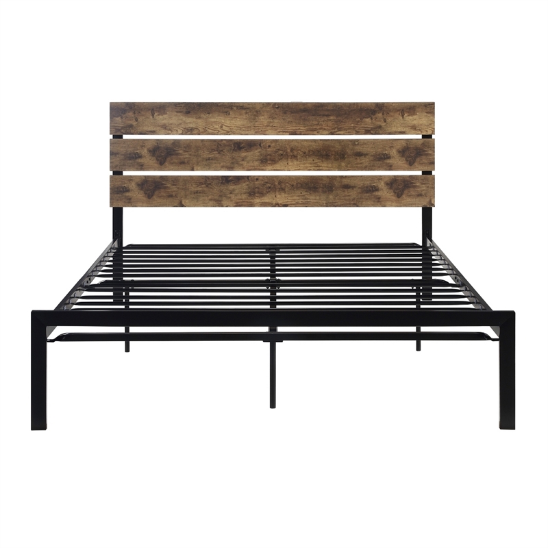Mars Queen Platform Bed- Brown Faux Wood Slat Headboard- Black Metal Frame