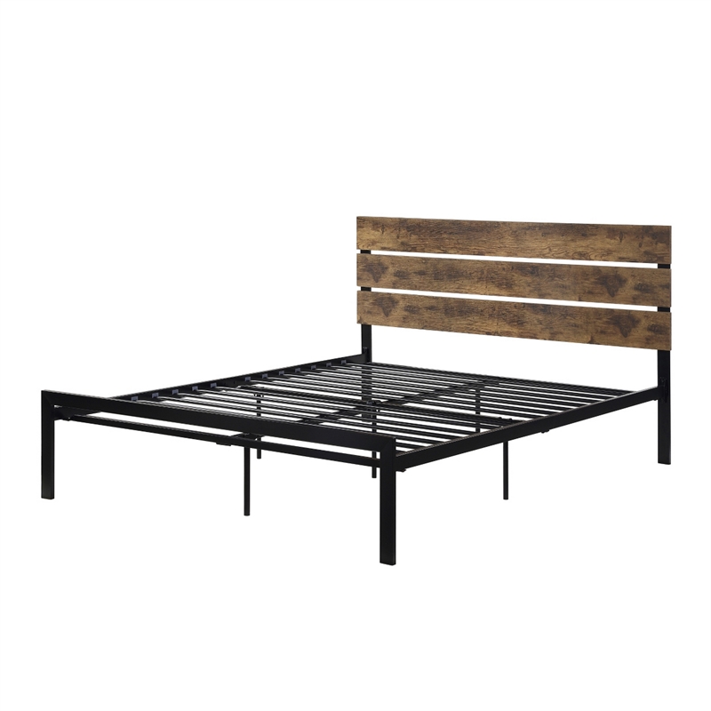 Mars Queen Platform Bed- Brown Faux Wood Slat Headboard- Black Metal Frame