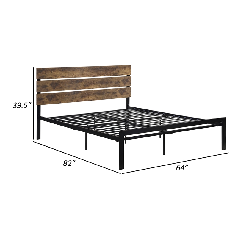 Mars Queen Platform Bed- Brown Faux Wood Slat Headboard- Black Metal Frame