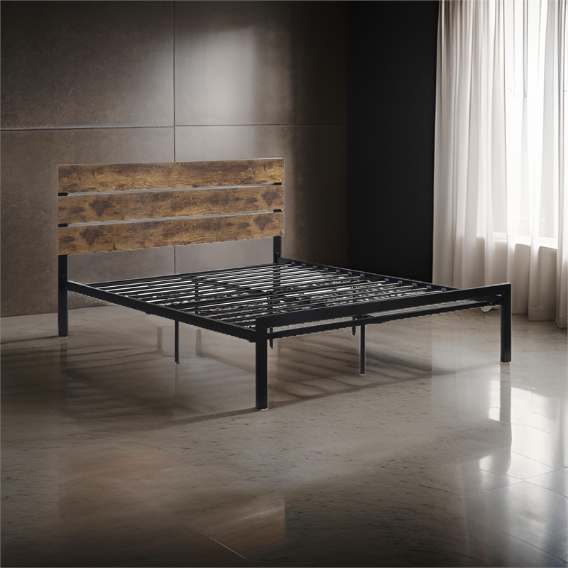 Mars Queen Platform Bed- Brown Faux Wood Slat Headboard- Black Metal Frame